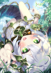 Rule 34 | 1girl, :d, blush, bracelet, commentary request, crystalfly (genshin impact), day, dress, from above, gem, genshin impact, gold trim, green eyes, green gemstone, green hair, hair between eyes, hair ornament, highres, jewelry, leaf hair ornament, leg up, looking at viewer, lying, multicolored hair, nahida (genshin impact), nature, on back, open mouth, outdoors, outstretched arm, pointy ears, shiroitefu, smile, solo, star-shaped pupils, star (symbol), stirrup legwear, streaked hair, symbol-shaped pupils, toeless legwear, white dress, white hair