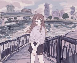 Rule 34 | 1girl, absurdres, black skirt, bridge, brown hair, building, city, closed mouth, cloud, collared shirt, commentary request, day, grey shirt, highres, long hair, looking at viewer, original, outdoors, railing, shirt, skirt, sky, solo, stairs, standing, tree, yunoki itsugu