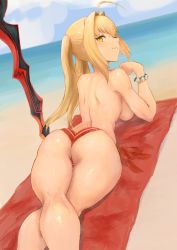 Rule 34 | 1girl, aestus estus, ahoge, arqa, ass, back, bad id, bad pixiv id, beach, bead bracelet, beads, bikini, bikini top only, blonde hair, blue sky, blush, bracelet, breasts, closed mouth, day, fate/grand order, fate (series), green eyes, hair between eyes, jewelry, large breasts, legs, long hair, looking at viewer, looking back, lying, nero claudius (fate), nero claudius (fate) (all), nero claudius (swimsuit caster) (fate), on stomach, red bikini, shoulder blades, sky, smile, solo, swimsuit, sword, topless, twintails, weapon