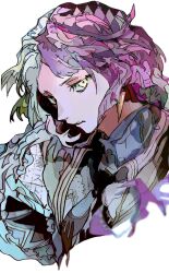 Rule 34 | 1boy, absurdres, bungou stray dogs, earrings, highres, jewelry, long hair, looking at viewer, male focus, multicolored hair, parted lips, patterned clothing, patterned hair, portrait, purple hair, sigma (bungou stary dogs), simple background, solo, split-color hair, white background, yadu nadu, yellow eyes