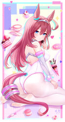 Rule 34 | absurdres, ahoge, animal ears, bare shoulders, blue eyes, breasts, brown hair, cake, commentary request, cup, detached sleeves, ear ornament, feet, food, hair between eyes, hair ornament, hairclip, heart, highres, horse ears, horse girl, horse tail, ice cream, ice cream cone, kazamatsuri honatsu, large breasts, leotard, long hair, long sleeves, looking at viewer, macaron, mihono bourbon (umamusume), pantyhose, silver hairband, sitting, soles, tail, teacup, toes, umamusume, very long hair, wariza, white leotard, white pantyhose
