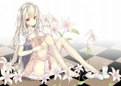 Rule 34 | 1girl, blush, breasts, cameltoe, flower, long hair, looking at viewer, original, panties, red eyes, shirohina, sitting, small breasts, smile, solo, thighhighs, underwear, white hair