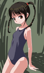 Rule 34 | 1girl, bad id, bad pixiv id, black hair, blue one-piece swimsuit, blue school swimsuit, braid, brown eyes, cowboy shot, from side, looking at viewer, looking to the side, one-piece swimsuit, original, rohitsuka, school swimsuit, simple background, smile, solo, swimsuit, twin braids, twintails