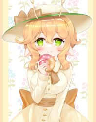 Rule 34 | 1girl, antennae, back bow, blonde hair, blush, bow, breasts, brown bow, closed mouth, collared dress, commission, doughnut, dress, dress shirt, food, green eyes, hair between eyes, hand up, hat, hat bow, highres, holding, holding food, long hair, long sleeves, looking at viewer, medium breasts, original, pointy ears, puffy long sleeves, puffy sleeves, shikito (yawa0w0), shirt, skeb commission, sleeves past wrists, smile, solo, white dress, white hat