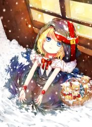 Rule 34 | 1girl, alice margatroid, basket, black dress, blonde hair, blue eyes, bow, capelet, doll, dress, from above, hair bow, hairband, highres, hood, little match girl, lock, lolita hairband, looking at viewer, looking up, luoz, on ground, outdoors, outstretched arms, parted lips, plate, red bow, ribbon, seiza, shanghai doll, short hair, sitting, snow, snow on head, solo, table, touhou, window, wrist cuffs, aged down