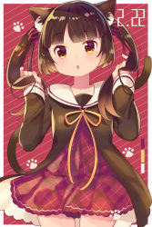 Rule 34 | 1girl, absurdres, animal ear fluff, animal ears, blush, brown dress, brown hair, cat day, cat ears, cat girl, cat tail, commentary request, dated, diagonal stripes, dress, fingernails, hair ribbon, hands up, head tilt, highres, holding, holding hair, ikari (aor3507), long hair, long sleeves, neck ribbon, original, parted lips, plaid, plaid dress, red background, red dress, red eyes, red ribbon, ribbon, sailor collar, sailor dress, sleeves past wrists, solo, striped, tail, tail raised, twintails, two-tone background, white background, white sailor collar, yellow ribbon