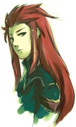 Rule 34 | 00s, 1boy, asch (tales), bad id, bad pixiv id, long hair, looking back, male focus, red hair, shiro (reptil), simple background, solo, tales of (series), tales of the abyss, upper body, white background