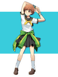 Rule 34 | 1girl, arm up, black sailor collar, black skirt, blue background, blush, brown eyes, brown footwear, brown hair, closed mouth, clothes around waist, commentary, green jacket, jacket, jacket around waist, kuki tan, looking to the side, neckerchief, one eye closed, persona, persona 4, plaid, plaid skirt, pleated skirt, romaji commentary, sailor collar, satonaka chie, school uniform, shadow, shirt, short hair, short sleeves, skirt, socks, solo, standing, stretching, track jacket, two-tone background, white background, white shirt, white socks, wristband, yasogami school uniform, yellow neckerchief