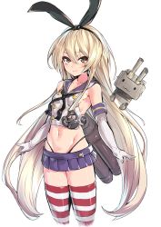 Rule 34 | 10s, 1girl, absurdres, anchor hair ornament, black panties, black ribbon, breasts, brown eyes, deluxe&lt;&lt;&lt;, elbow gloves, female focus, gloves, hair ornament, hair ribbon, highleg, highleg panties, highres, kantai collection, looking at viewer, midriff, navel, panties, rensouhou-chan, ribbon, school uniform, serafuku, shimakaze (kancolle), simple background, skirt, sleeveless, small breasts, smile, solo, striped clothes, striped thighhighs, thighhighs, thong, underwear, white background, white gloves, zettai ryouiki