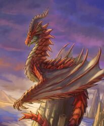Rule 34 | absurdres, claws, cloud, cloudy sky, commentary request, dragon, dragon horns, dragon tail, dragon wings, fins, head fins, highres, horns, mountain, nasuno posi, no humans, pixiv fantasia, pixiv fantasia last saga, red scales, sky, spikes, tail, water, wings, wyvern
