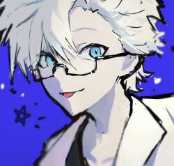 Rule 34 | 1boy, absurdres, black shirt, blue background, blue eyes, chinese commentary, commentary request, glasses, highres, jacket, kanou aogu, male focus, open clothes, open jacket, pale skin, portrait, qye (qianfqj), rectangular eyewear, saibou shinkyoku, shirt, short hair, sketch, solo, star (symbol), tongue, tongue out, white hair, white jacket