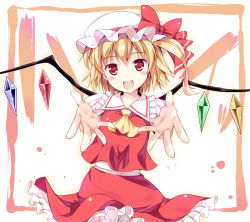Rule 34 | 1girl, ascot, blonde hair, blush, dress, fangs, female focus, flandre scarlet, hat, hinooka shuuji, looking at viewer, open mouth, red dress, red eyes, short hair, side ponytail, solo, touhou, wings