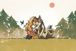 Rule 34 | 2girls, animal ears, black footwear, blonde hair, blonney, blue butterfly, brown hair, bug, butterfly, centauroid, closed eyes, deer ears, deer girl, deer tail, ear tag, forehead-to-forehead, full body, grass, hairband, hand on another&#039;s head, heads together, highres, insect, jessica (reverse:1999), kneeling, long hair, long sleeves, mary janes, multiple girls, official art, on grass, overall skirt, pink hairband, pink skirt, reverse:1999, shirt, shoes, short sleeves, skirt, smile, socks, sun, tail, taur, tree, white background, white shirt, white socks, yuri