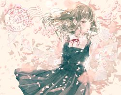Rule 34 | 1girl, 2017, brown eyes, brown hair, cherry blossoms, commentary, dress, english text, envelope, eyelashes, highres, kagamiya ruru, letter, light particles, lips, lipstick, long hair, looking to the side, love letter, makeup, muted color, neck ribbon, original, pale skin, pencil, petals, pinafore dress, postmark, ribbon, ruru, school uniform, sleeveless dress, solo, spring (season), wind