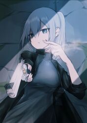 Rule 34 | 1girl, aiming, aiming at viewer, black coat, black sweater, cigarette, coat, earrings, grey eyes, grey hair, gun, handgun, highres, holding, holding cigarette, holding gun, holding weapon, jewelry, long hair, looking at viewer, necklace, open mouth, original, ponytail, revolver, shsuta 0013, sleeves rolled up, smoking, solo, sweater, turtleneck, turtleneck sweater, upper body, weapon