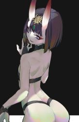 Rule 34 | 1girl, ass, back, bare shoulders, black background, fate/grand order, fate (series), gradient horns, highres, horns, lamian (pixiv415608), looking back, multicolored horns, parted lips, purple eyes, purple hair, short hair, shuten douji (fate), sketch, smile, solo, teeth, upper teeth only