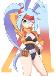 Rule 34 | 1girl, absurdres, animal ears, arm behind back, ashe (mega man), black leotard, blue hair, blush, breasts, cleavage, cropped jacket, green eyes, hand on own hip, high ponytail, highres, jacket, leotard, light blue hair, long hair, medium breasts, mega man (series), mega man zx, mega man zx advent, one eye closed, orange jacket, playboy bunny, rabbit ears, revealing clothes, solo, thighs, tongue, tongue out, zerokun135