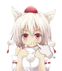 Rule 34 | 1girl, animal ears, cheek poking, clenched hands, disembodied hand, efe, face, female focus, grabber tool, hat, inubashiri momiji, o3o, poking, pout, red eyes, solo, tokin hat, touhou, white background, white hair, wolf ears
