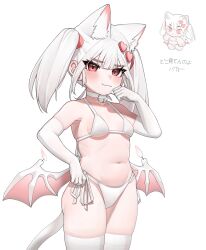 Rule 34 | 1girl, animal ear fluff, animal ears, bat wings, bell, bikini, blunt bangs, blush, breasts, cat ears, cat girl, cat tail, chibi, chibi inset, choker, clenched hands, closed mouth, collarbone, commentary request, cowboy shot, elbow gloves, fang, gloves, groin, hand on own face, hand on own hip, hand up, highres, korean commentary, long hair, low wings, navel, neck bell, original, red eyes, side-tie bikini bottom, sidelocks, skin fang, small breasts, smile, soda (sod4), standing, stomach, swimsuit, tail, thighhighs, translation request, twintails, white bikini, white choker, white gloves, white hair, white tail, white thighhighs, wings