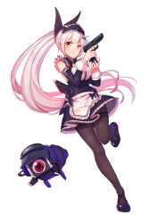 Rule 34 | 1girl, alternate costume, apron, armband, bare shoulders, black footwear, black pantyhose, blush, bow, bowtie, breasts, brown eyes, buttons, choker, cleavage, closed mouth, collarbone, detached sleeves, enmaided, five-seven (girls&#039; frontline), floating hair, fn five-seven, frilled apron, frilled armband, frilled choker, frilled skirt, frilled sleeves, frills, full body, girls&#039; frontline, gun, hair ornament, hair ribbon, hairclip, handgun, headdress, highres, holding, holding gun, holding weapon, jewelry, large breasts, long hair, looking at viewer, magazine (weapon), maid, maid apron, maid headdress, mid-stride, pantyhose, pdw-caliber pistol, pistol, ponytail, ranyu, reloading, ribbon, running, shoes, sidelocks, silver hair, simple background, skirt, sleeve cuffs, smile, solo, thighband pantyhose, trigger discipline, very long hair, weapon