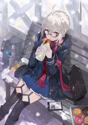 Rule 34 | 1girl, ahoge, alchemaniac, artoria pendragon (fate), bench, black-framed eyewear, black coat, black thighhighs, blue shirt, blue skirt, braid, briefcase, cellphone, coat, commentary request, doughnut, fate/grand order, fate (series), food, fringe trim, garter straps, glasses, highres, holding, holding food, hood, hood down, hooded coat, looking at viewer, mysterious heroine x alter (fate), mysterious heroine x alter (first ascension) (fate), on bench, open clothes, open coat, orange eyes, park bench, parted lips, pastry box, phone, plaid, plaid scarf, pleated skirt, red scarf, scarf, school briefcase, semi-rimless eyewear, shirt, sidelocks, silver hair, sitting, skirt, smartphone, snow, solo, thighhighs, under-rim eyewear