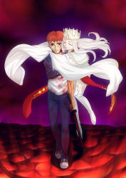 Rule 34 | 1boy, 1girl, blood, blood on clothes, blood on face, brother and sister, crown, dress, dress of heaven, emiya shirou, excalibur morgan (fate), fate/stay night, fate (series), highres, illyasviel von einzbern, long hair, raglan sleeves, red hair, siblings, sleeves past wrists, sword, thighhighs, urako, weapon, white hair