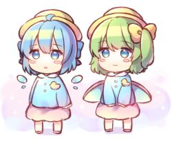 Rule 34 | 2girls, aged down, blue eyes, blue hair, blush stickers, cirno, closed mouth, coa (chroo x), daiyousei, detached wings, fairy, fairy wings, full body, green hair, hair between eyes, hat, ice, ice wings, kindergarten uniform, long hair, long sleeves, multiple girls, open mouth, pink skirt, school hat, short hair, side ponytail, simple background, skirt, smile, touhou, white background, wings, yellow headwear