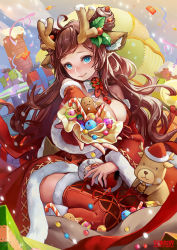 Rule 34 | 1girl, :&gt;, :v, ahoge, antlers, bell, blue eyes, box, breasts, brown hair, candy, candy cane, chimney, cleavage, closed mouth, company name, detached sleeves, double bun, dress, fei (idws321), food, fur trim, gift, gift box, gingerbread man, hair bun, hat, horns, jingle bell, large breasts, looking at viewer, outstretched arm, red dress, ruan mei tianguo, sitting, solo, sparkle, streamers, stuffed deer, stuffed toy, swept bangs, thighhighs, wariza, water