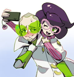 Rule 34 | 1boy, 1girl, blush, cellphone, commentary, creatures (company), english commentary, faba (pokemon), game freak, green eyes, holding, holding phone, looking at viewer, nintendo, one eye closed, phone, pinkgermy, pokemon, pokemon sm, purple hair, selfie, simple background, sweat, upper body, white background, wicke (pokemon)