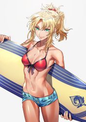 Rule 34 | 1girl, bikini, bikini top only, blonde hair, braid, fate/grand order, fate (series), front-tie bikini top, front-tie top, green eyes, highres, holding, holding behind back, looking at viewer, mordred (fate), mordred (fate) (all), mordred (fate/apocrypha), mordred (swimsuit rider) (fate), mordred (swimsuit rider) (first ascension) (fate), red bikini, scrunchie, short shorts, shorts, simple background, solo, surfboard, swimsuit, tenobe