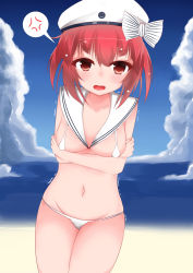 Rule 34 | 10s, 1girl, bikini, blush, breasts, groin, hat, highres, kantai collection, navel, red eyes, red hair, short hair, small breasts, solo, swimsuit, yumibakama meme, z3 max schultz (kancolle)