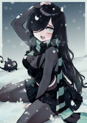 Rule 34 | 1girl, aqua eyes, aria wintermint, black hair, black pantyhose, black scarf, black skirt, black tank top, blush, breasts, cleavage, goth fashion, green scarf, hair over one eye, highres, kneeling, large breasts, long hair, looking at viewer, midriff peek, monster, multicolored clothes, multicolored scarf, open mouth, original, pantyhose, parororo, pleated skirt, scarf, see-through, see-through cleavage, see-through legwear, see-through shirt, see-through sleeves, simple background, skirt, striped clothes, striped scarf, tank top, tearing up