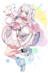 Rule 34 | 1girl, absurdres, animal collar, animal ears, black bow, blush, bow, breasts, cleavage, collar, dog, dog ears, dog girl, dog tail, dress, fang, footwear bow, gram pico, grey jacket, hair bow, hair ribbon, halo, heart, heart-shaped pupils, highres, jacket, large breasts, long hair, loose socks, open mouth, paw hair ornament, phase connect, phase connect jp, pink bow, pink collar, pink eyes, pink ribbon, pom pom (clothes), ribbon, second-party source, socks, solo, streamers, sui hi sf, symbol-shaped pupils, tail, virtual youtuber, white bow, white dress, white footwear, white socks