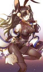 Rule 34 | 1girl, absurdres, alternate costume, animal ears, bare shoulders, black bodysuit, black gloves, black hairband, bodysuit, book, breasts, brown eyes, brown hair, earrings, elbow gloves, english text, fake animal ears, fate/grand order, fate (series), glasses, gloves, gradient background, grey background, hair ribbon, hairband, hand on own chin, hand up, highres, jewelry, large breasts, leg up, long hair, opaque glasses, parted bangs, parted lips, pig, rabbit ears, ribbon, shawl, shoulder tattoo, solo, standing, standing on one leg, sunshine (1638509769), tattoo, tohsaka rin, two side up, very long hair, white ribbon, wrist cuffs