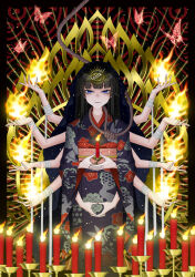 Rule 34 | 1girl, abstract background, bandaged wrist, bandages, black background, black border, black hair, black kimono, blue eyes, border, buddhism, bug, butterfly, candle, candlestand, closed mouth, commentary request, dhyana mudra, extra arms, feet out of frame, fire, floral print kimono, half-closed eyes, highres, hinoyama ena, hirabitai, holding, holding candle, insect, japanese clothes, kimono, light particles, long hair, long sleeves, looking at viewer, mudra, nijisanji, noose, obi, obiage, obijime, pyrokinesis, red background, rope around neck, sash, smile, solo, standing, third eye, tsukino mito, tsukino mito (12th costume), two-tone background, virtual youtuber, wide sleeves