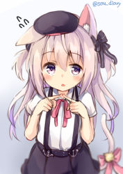 Rule 34 | 1girl, animal ear fluff, animal ears, azur lane, bell, black hat, black skirt, cat ears, cat tail, fingers together, hat, index fingers together, jingle bell, kisaragi (azur lane), kisaragi (retrofit) (azur lane), long hair, open mouth, pink eyes, pink hair, ribbon, shirt, short sleeves, skirt, solo, sou (soutennkouchi), suspender skirt, suspenders, tail, tail ornament, tail ribbon, two side up, upper body, white shirt