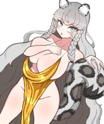 Rule 34 | 1girl, alternate costume, animal ear fluff, animal ears, aqua eyes, arknights, bare shoulders, blush, braid, breasts, bright pupils, cleavage, collarbone, covering privates, covering one breast, dress, grey hair, groin, hand on own chest, highres, large breasts, leopard ears, leopard girl, leopard tail, long hair, looking at viewer, one breast out, open mouth, plunging neckline, pramanix (arknights), solo, tail, twin braids, very long hair, wwo2002, yellow dress
