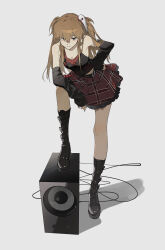 Rule 34 | 1girl, absurdres, arm on knee, bad link, bare shoulders, black footwear, black shirt, blue eyes, boots, camisole, detached sleeves, full body, hair ornament, hand on own hip, highres, leaning forward, long hair, neon genesis evangelion, pleated skirt, red skirt, shirt, skirt, souryuu asuka langley, stereo, twintails, zhibuji loom