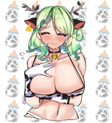 Rule 34 | 1girl, animal print, antlers, auraaa, bare shoulders, bell, bikini, blush, breasts, ceres fauna, closed eyes, collarbone, cow print, cow print bikini, cropped torso, elbow gloves, flower, gloves, green hair, hair flower, hair ornament, highres, hololive, hololive english, horns, jingle bell, large breasts, long hair, mole, mole under eye, navel, print bikini, solo, swimsuit, upper body, virtual youtuber