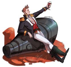 Rule 34 | 1boy, beard, blue eyes, blush, brown hair, cup, drinking glass, epaulettes, face, facial hair, fate/grand order, fate (series), full body, huge weapon, leaning back, long sideburns, long sleeves, male focus, military, military uniform, napoleon bonaparte (fate), onion holic, scar, smile, solo, uniform, weapon, white background, wine glass