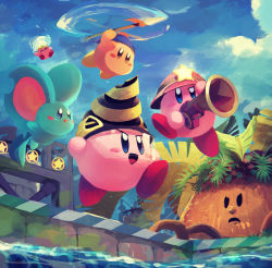 Rule 34 | bandana waddle dee, character request, closed eyes, cloud, cloudy sky, copy ability, drill, drill kirby, elfilin, flying, frown, gun, helmet, highres, kirby, kirby (series), kirby and the forgotten land, looking to the side, multiple persona, nintendo, open mouth, polearm, ranger kirby, sky, spear, star (symbol), suyasuyabi, tongue, tornado, tornado kirby, walking, water, weapon