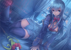 Rule 34 | 1girl, blue eyes, blue hair, blue hat, blue theme, bow, bowtie, cleavage cutout, clothing cutout, fantasy earth zero, hair between eyes, hat, indoors, leaning to the side, long hair, looking at viewer, purple thighhighs, rain, red bow, red bowtie, ryouku, sitting, solo, thighhighs, unworn hat, unworn headwear