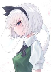 Rule 34 | 1girl, 33 gaff, black bow, black bowtie, black hairband, blue eyes, blush, bow, bowtie, breasts, buttons, closed mouth, collar, collared shirt, dress, from side, ghost, green dress, hair between eyes, hairband, konpaku youmu, konpaku youmu (ghost), looking at viewer, medium breasts, puffy short sleeves, puffy sleeves, shirt, short hair, short sleeves, silver hair, simple background, solo, touhou, upper body, white background, white shirt