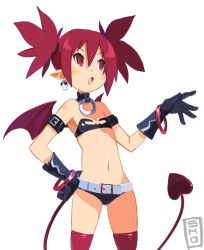 Rule 34 | 1girl, armband, bandeau, bangle, belt, black gloves, blush, bracelet, choker, demon girl, demon tail, demon wings, disgaea, earrings, etna (disgaea), flat chest, gloves, hand on own hip, jewelry, mini wings, navel, official style, pointy ears, red eyes, red hair, red thighhighs, shogu (shoguchime), short shorts, shorts, skull, solo, strapless, tail, thighhighs, tube top, twintails, wings