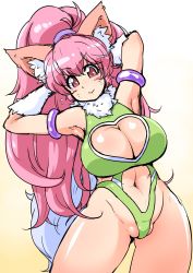 Rule 34 | 1girl, animal ears, bare legs, bare shoulders, breasts, cat ears, cat girl, cleavage, cleavage cutout, clothing cutout, curvy, fat mons, female focus, happy, highleg, highleg leotard, highres, large breasts, leotard, long hair, looking at viewer, partially visible vulva, paw print, perisie (star ocean), pink hair, ponytail, red eyes, ryoi, shiny skin, simple background, smile, solo, star ocean, star ocean first departure, thick thighs, thighs, thong leotard, upper body, very long hair, white background