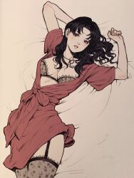 Rule 34 | 1girl, alternate costume, arms up, black bra, black hair, bra, breasts, cleavage, dress, earrings, female focus, floral print, frilled bra, frilled thighhighs, frills, garter straps, highres, jasmin darnell, jewelry, katsuragi misato, lace, lace bra, large breasts, light blush, lingerie, lips, long hair, looking at viewer, lying, nail polish, necklace, neon genesis evangelion, on back, parted lips, print bra, print thighhighs, red dress, sash, scar, solo, tan background, thighhighs, thighs, underwear