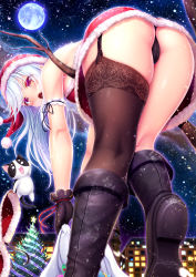 Rule 34 | 1girl, ass, bent over, blush, cameltoe, christmas, gloves, highres, hiro (725611), long hair, looking at viewer, moon, night, night sky, open mouth, original, panties, santa costume, sky, solo, underwear, white hair