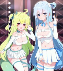 Rule 34 | 2girls, absurdres, ahoge, bare shoulders, blue bow, blue eyes, blue hair, blurry, bow, breasts, bridal gauntlets, choker, cleavage, cleavage cutout, closed mouth, clothing cutout, commission, cowboy shot, crop top, depth of field, facial mark, fang, green bow, green hair, hair bobbles, hair bow, hair ornament, hair rings, halterneck, hand up, heart, highleg, highres, horns, large breasts, leaning forward, light blue hair, long hair, long sleeves, looking at viewer, medium breasts, midriff, miniskirt, multiple girls, navel, neck ribbon, off shoulder, open mouth, original, panty straps, pleated skirt, pointy ears, red eyes, ribbon, shirt, sidelocks, single thighhigh, skindentation, skirt, smile, spaghetti strap, standing, star (symbol), stomach, thigh strap, thighhighs, thighs, two side up, underboob, underboob cutout, v, very long hair, w.k, white choker, white shirt, white skirt, white thighhighs, wristband, yuksi (yuksi), zettai ryouiki