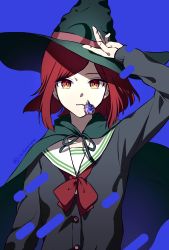Rule 34 | 1girl, absurdres, black cape, black hat, black jacket, blue background, bow, bowtie, buttons, cape, commentary request, danganronpa (series), danganronpa v3: killing harmony, gem, hair ornament, hat, highres, jacket, long sleeves, red bow, red bowtie, red eyes, red hair, sailor collar, sanmian (chidarakeno), short hair, solo, twitter username, upper body, witch hat, yumeno himiko