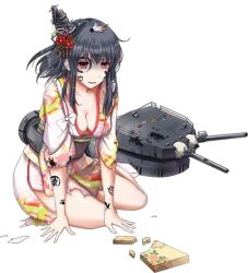 Rule 34 | 10s, 1girl, black hair, breasts, broken, cannon, cleavage, collarbone, facepaint, flower, hagoita, hair between eyes, hair flower, hair ornament, hairpin, hanetsuki, heart, japanese clothes, kantai collection, kimono, looking down, lowres, machinery, new year, official art, oil, open mouth, paddle, parted lips, red eyes, rikka (rikka331), shaded face, sitting, socks, solo, the yuudachi-like creature, torn clothes, transparent background, turret, white background, white socks, yamashiro (kancolle), yokozuwari